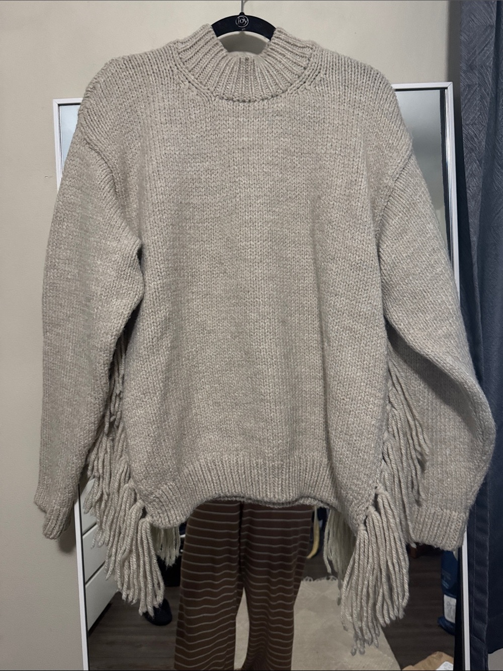 Zara Beige Fringe Turtleneck Sweater